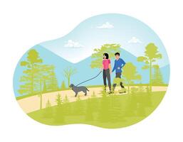 Couple Walking with Their Dog on a Nature Path in a Scenic Forest. vector