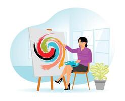 Woman Sitting on Chair in front of Easel and Painting a Colorful Abstract Art Piece in a Creative Studio Setting. vector