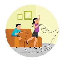 Happy Boys and Girls Enjoying Game Console Using Joystick at Home. vector