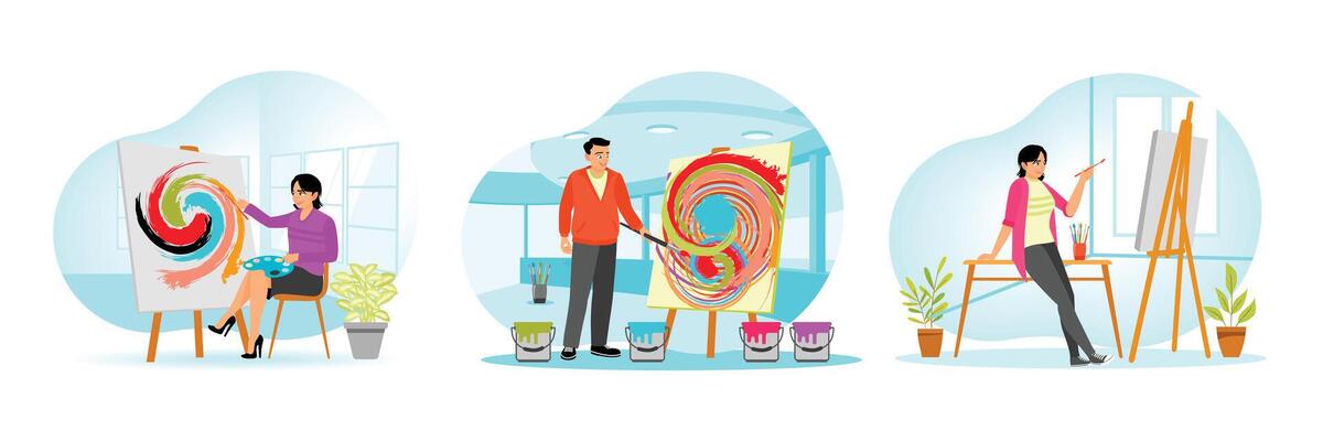 Woman Sitting and Painting. Male Artist Paints Bright Abstract Artwork. Painting on Canvas at Home.