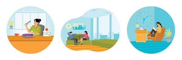 Woman Enjoying Snacks Using Chopsticks. Couple Drinking Coffee. Playing Tablet and Using Headset. vector