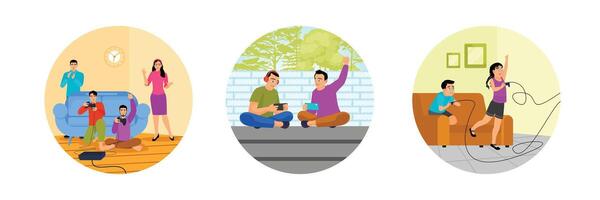 A Group Friends Playing Games. Playing Mobile Game Outdoor. Enjoying Game Console. vector