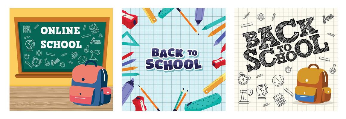 Online Education Concept. School Supplies on Graph Paper Background. Orange Bag with Doodle Drawing.