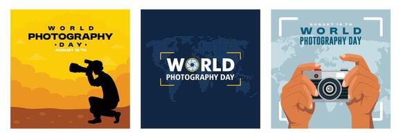 World Photography Day with Vibrant Art. Camera and Map Background. Hands Holding a Camera. vector