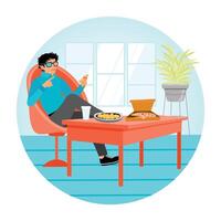A Man Enjoys Pizza and Snacks Alone at Home. vector