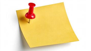 Vibrant Yellow Sticky Note with Red Pin on White Background for Notes Reminders Office Reminder Concept photo