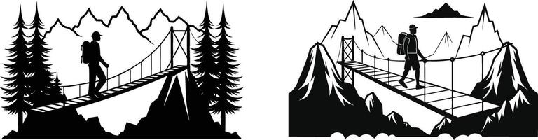 A man is walking across a suspension bridge in the mountains vector