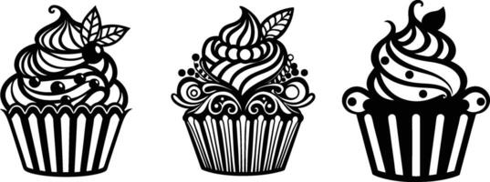 Three cupcakes with different designs vector