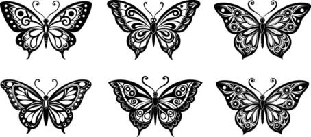 Decorative black and white butterfly illustration with intricate details on a clean white background. vector
