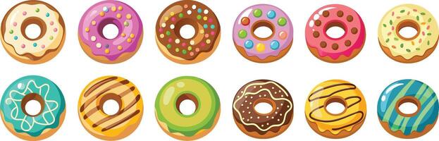 A collection of donuts with different colors and designs vector