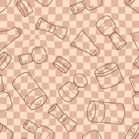 Cosmetic jars seamless pattern on checkered background in trendy mocha mousse colors. Perfect print for label, sale, card, textile. Doodle illustration. vector