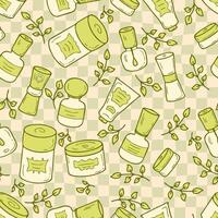 Groovy style cosmetic jars with green leaves seamless pattern on checkered background. Perfect print for label, sale, card, textile. Hand drawn illustration. vector