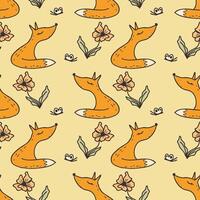 Simple doodle seamless pattern with sleepy fox in summer flowers meadow. Cute print for label, card, textile and fabric. Hand drawn illustration. vector