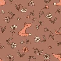 Hand drawn seamless pattern with fox and flowers in trendy mocha mousse colors. Perfect print for scrapbooking, card, textile and fabric. Doodle illustration. vector