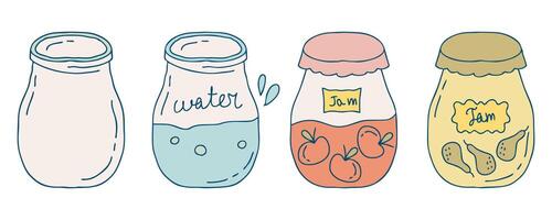 doodle sketch collection of different glass jars. Hand drawn illustration isolated on white background. vector