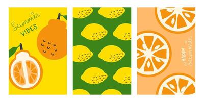vertical posters set with citrus fruits in retro style. Perfect background template for banner, card, label, sale. Hand drawn illustration. vector