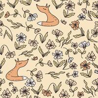 Retro style seamless pattern with wild flowers and sleepy fox. Cute print for label, card, textile and fabric. Hand drawn illustration. vector
