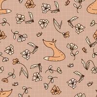 Seamless pattern with sleepy fox and flowers on checkered background. Perfect print for label, sale, card, textile. Hand drawn illustration. vector