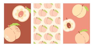 Summer vertical posters set with peaches in retro style. Perfect background template for banner, card, label, sale. Hand drawn illustration. vector