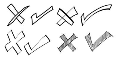 Doodle check mark and cross mark icon set. Tick symbol checklist signs vector