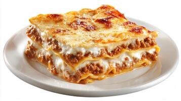 Delicious Beef Lasagna on White Plate Isolated on Background for Food Lovers photo