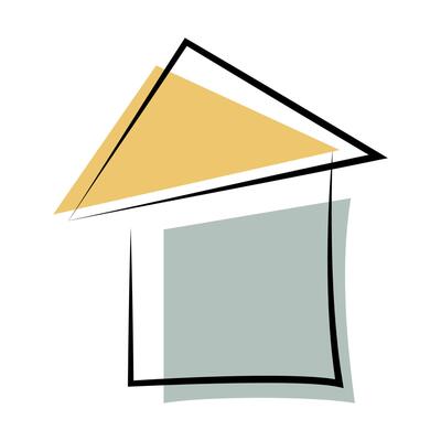 A house with a yellow roof and a yellow triangle