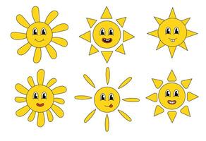 Smiling Faces Sun icon set in groovy style. flat illustration. vector
