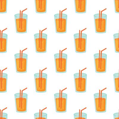 Seamless Pattern with cocktail orange color in glass with straw. Fresh summer drink. illustration.