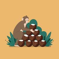 Monkey Stacking Coconuts with Lush Tropical Foliage in a Jungle vector