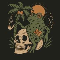 Frog Sitting on Skull with Palm Tree and Pipe Illustration vector
