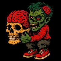 Holding Skull and Brain Cartoon Image of a Zombie Character vector