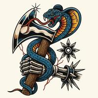 Cobra Snake Wrapping Around an Axe Tattoo Illustration with Shuriken vector