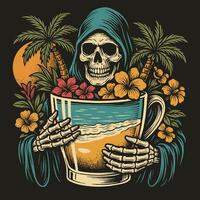 Holding Beach in a Cup by Skeleton with Flowers and Palm Trees vector