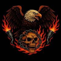 Eagle Skull and Flames Illustration with Chains and Torch Lights vector