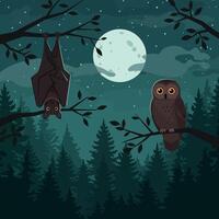 Bat Hanging and Owl Sitting in Tree at Night with Moon vector