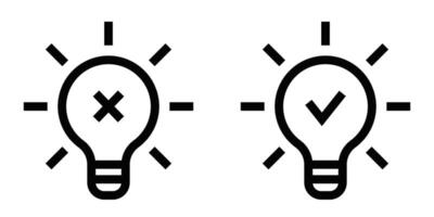 Two light bulbs with a check mark and a cross vector