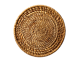 top view of round woven rattan placemat isolated on transparent background, realistic natural braided straw table mat mockup for food styling or product presentation png