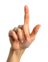 realistic female hand pointing upward with index finger extended in touchscreen or pressing gesture, symbol of interaction or instruction on isolated background png