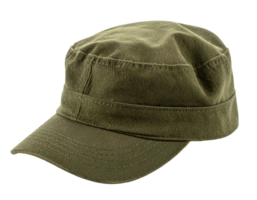 realistic olive green military cap isolated on transparent background, army patrol field cap mockup in angled view, tactical combat hat for uniform or outdoor gear branding png