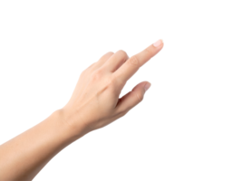 realistic female hand pointing or pressing with index finger in touchscreen or button pressing gesture, modern digital interaction pose on isolated background png