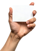 realistic hand holding blank white card or signboard for text message, label, or promotional design, clean presentation concept on isolated background png