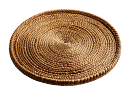 angled view of round woven rattan placemat, natural straw table mat isolated on transparent background, rustic braided placemat mockup for product display and food styling png