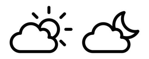 Two clouds and a sun are shown in black and white vector
