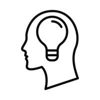 A black and white line drawing of a head with a light bulb vector