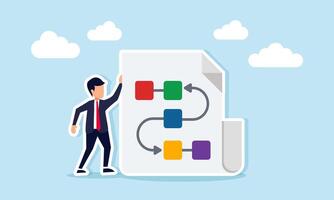Businessman Standing Beside Document Paper Containing Flowchart Illustration of Designing and Structuring Business Project Workflow vector