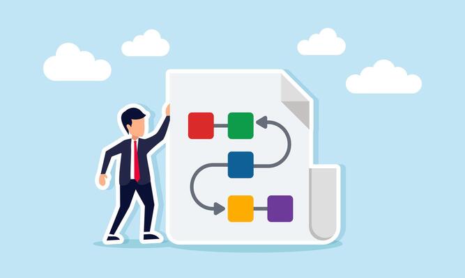 Businessman Standing Beside Document Paper Containing Flowchart Illustration of Designing and Structuring Business Project Workflow