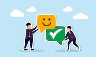 Businessman holding chat dialog with smile emoticon and another holding chat dialog with check mark illustration of sharing about business knowledge vector