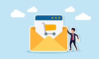 Businessman standing beside an envelope containing application documents showing a shopping cart illustration of business product email offer vector