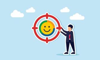 Businessman holding target icon with happy emoticon illustration of setting business market segmentation target vector