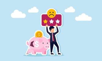Businessman with broken piggy bank holding a board with one star and sad emoticon illustration of negative response due to failure in business investment calculation vector